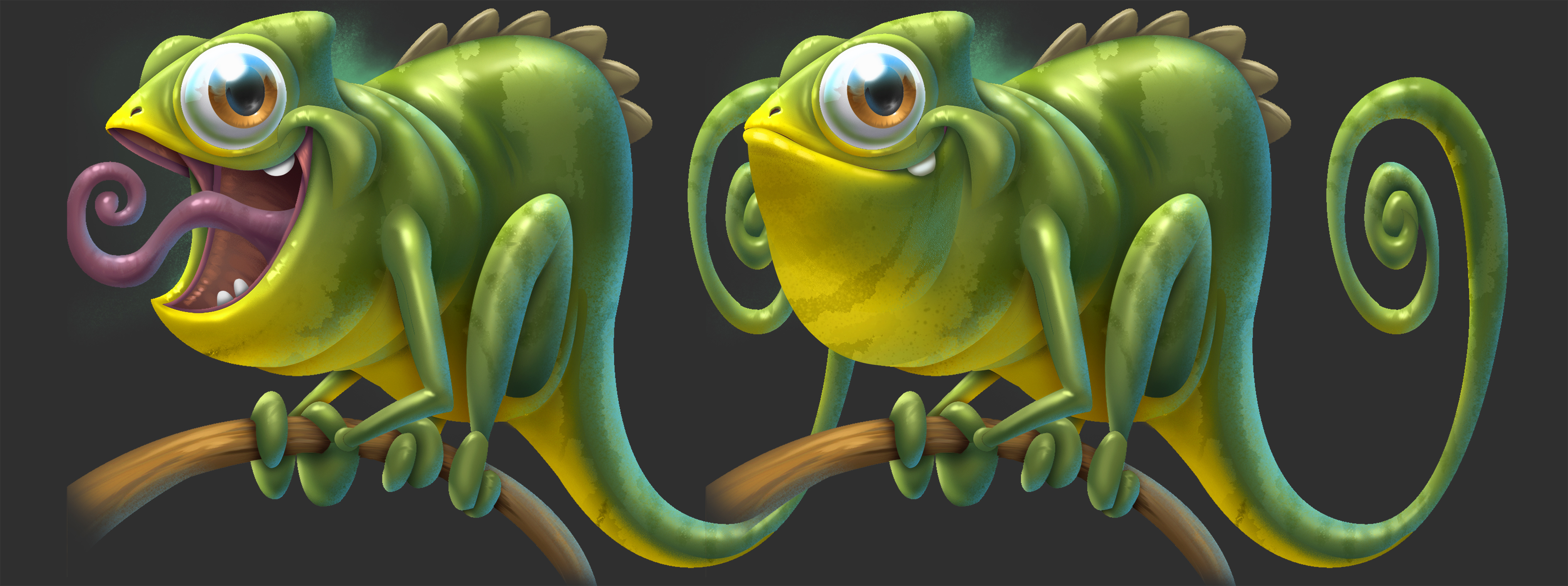 Two expressive green chameleon characters illustrated by Chris Le