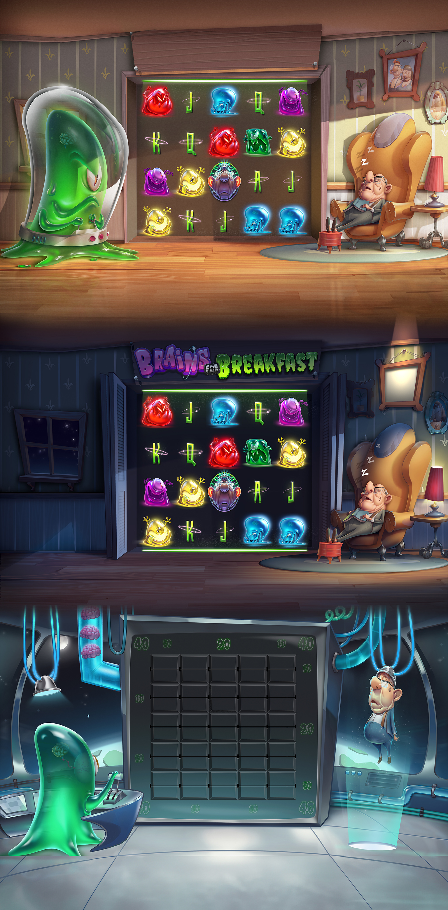 Three illustrated environments for Brains for Breakfast